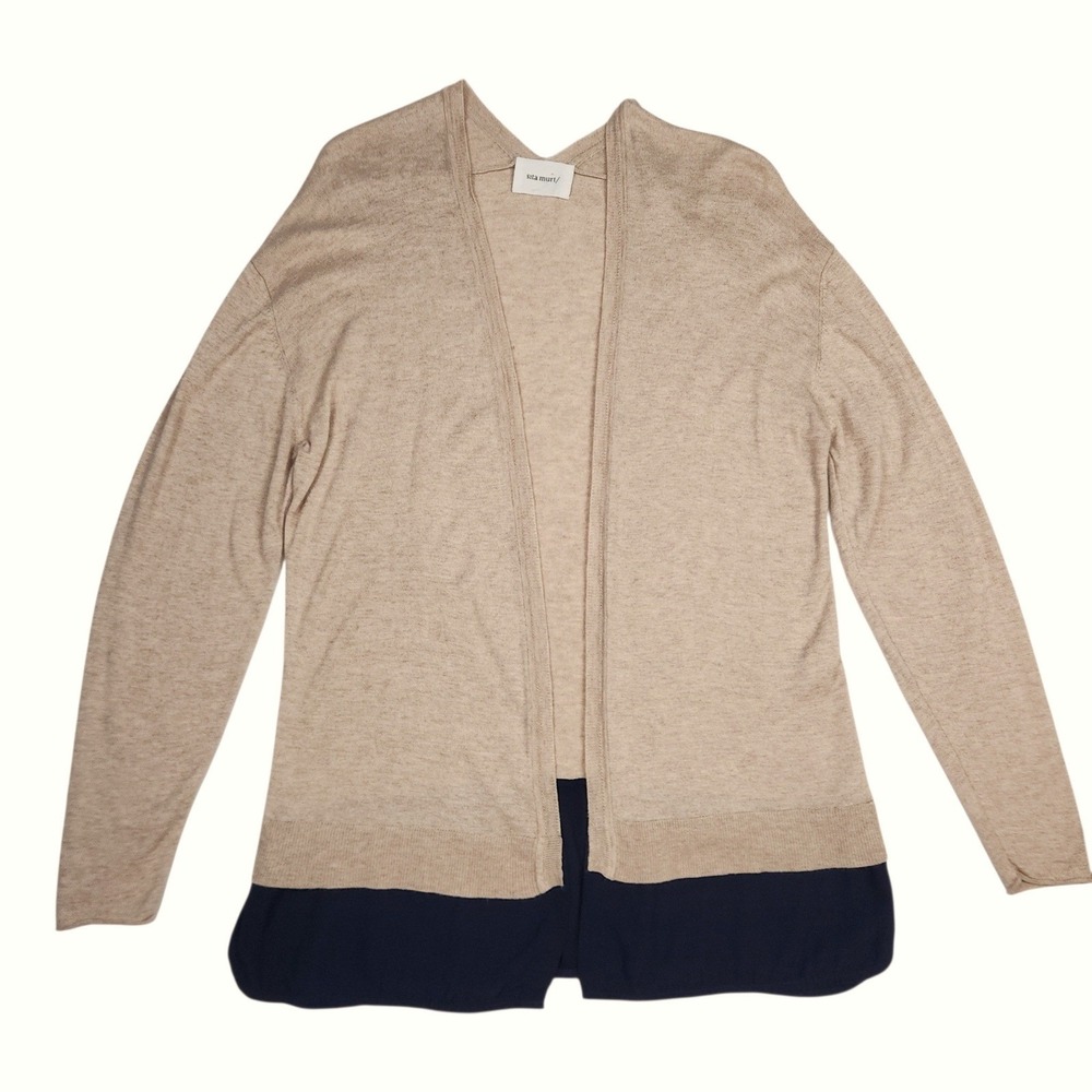 Sita Murt Cardigan Sz 8 / 40 Tan Navy Colorblock Open Front Wool Blend Lagenlook